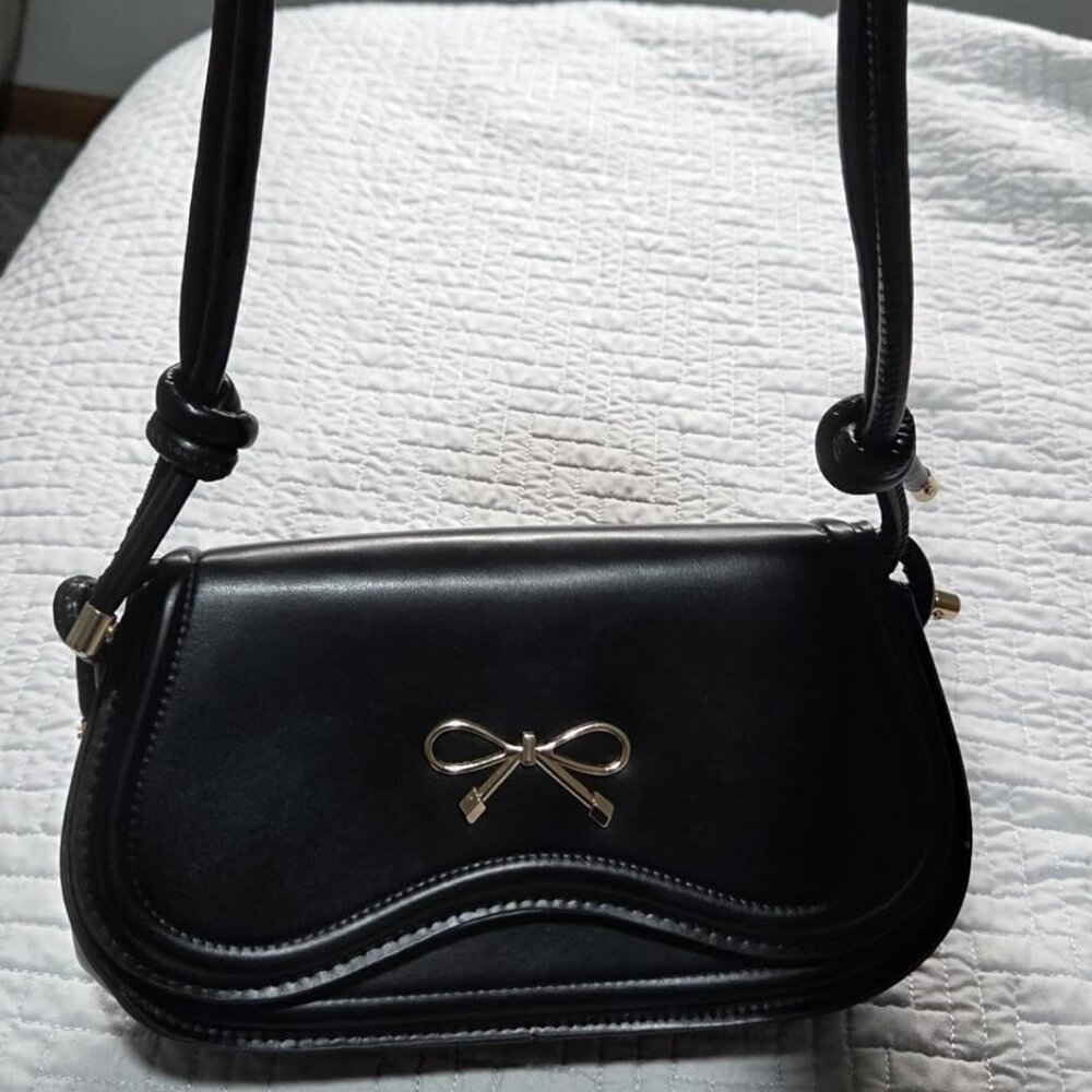 Neiman Marcus Golden Bow Black Vegan Leather Purse